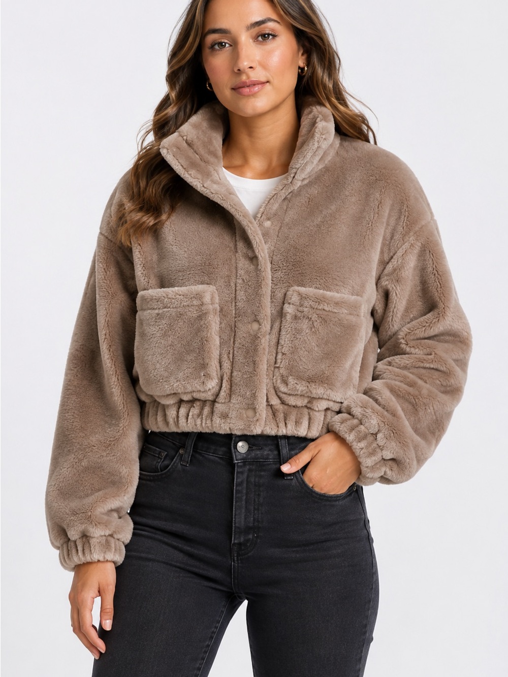 Blank NYC Sherpa Taupe Faux-Fur Cropped Jacket - Women Jackets & Coats